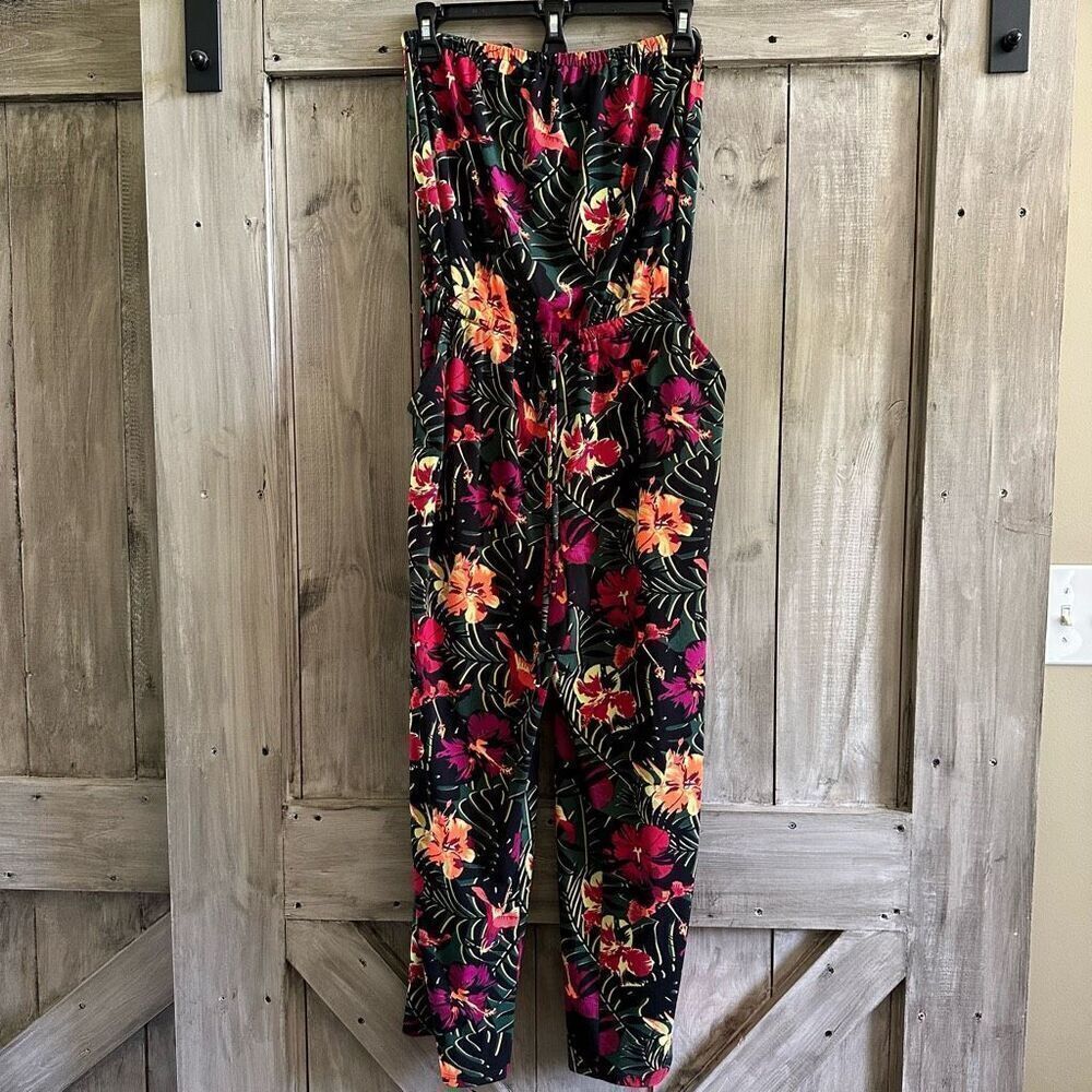 Express Strapless Jumpsuit Tropical Palm Floral hibiscus